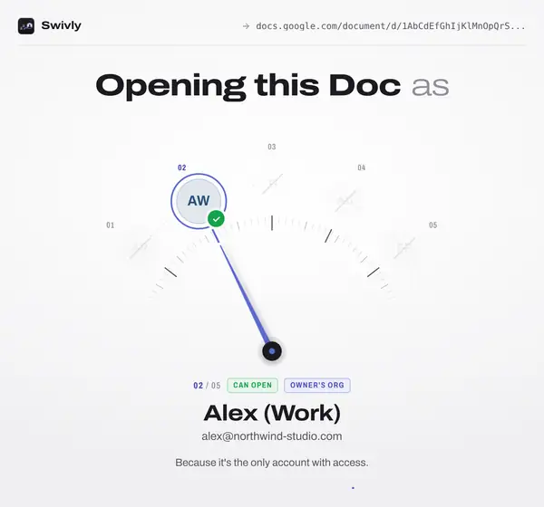 Swivly opening a Doc as Alex (Work) and explaining why