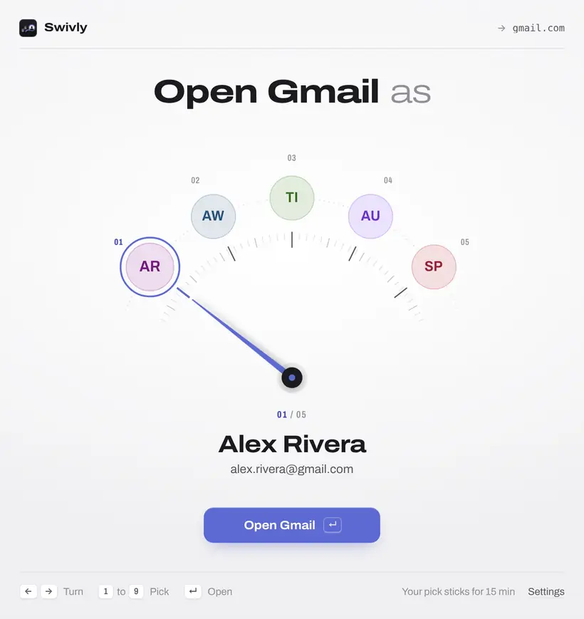 Swivly's picker: your Google accounts as stops on a dial, with the needle on the selected account and an Open Gmail button