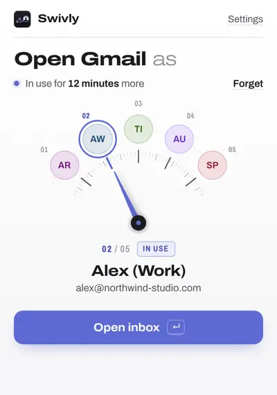 The toolbar popup: a compact dial with the account in use selected and an Open inbox button